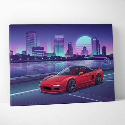 Acura NSX Inspired Red Purple Canvas Wall Art Vaporwave JDM Supercar Artwork Neon City Skyline Garage Decor Retro Futuristic Waterfront Print