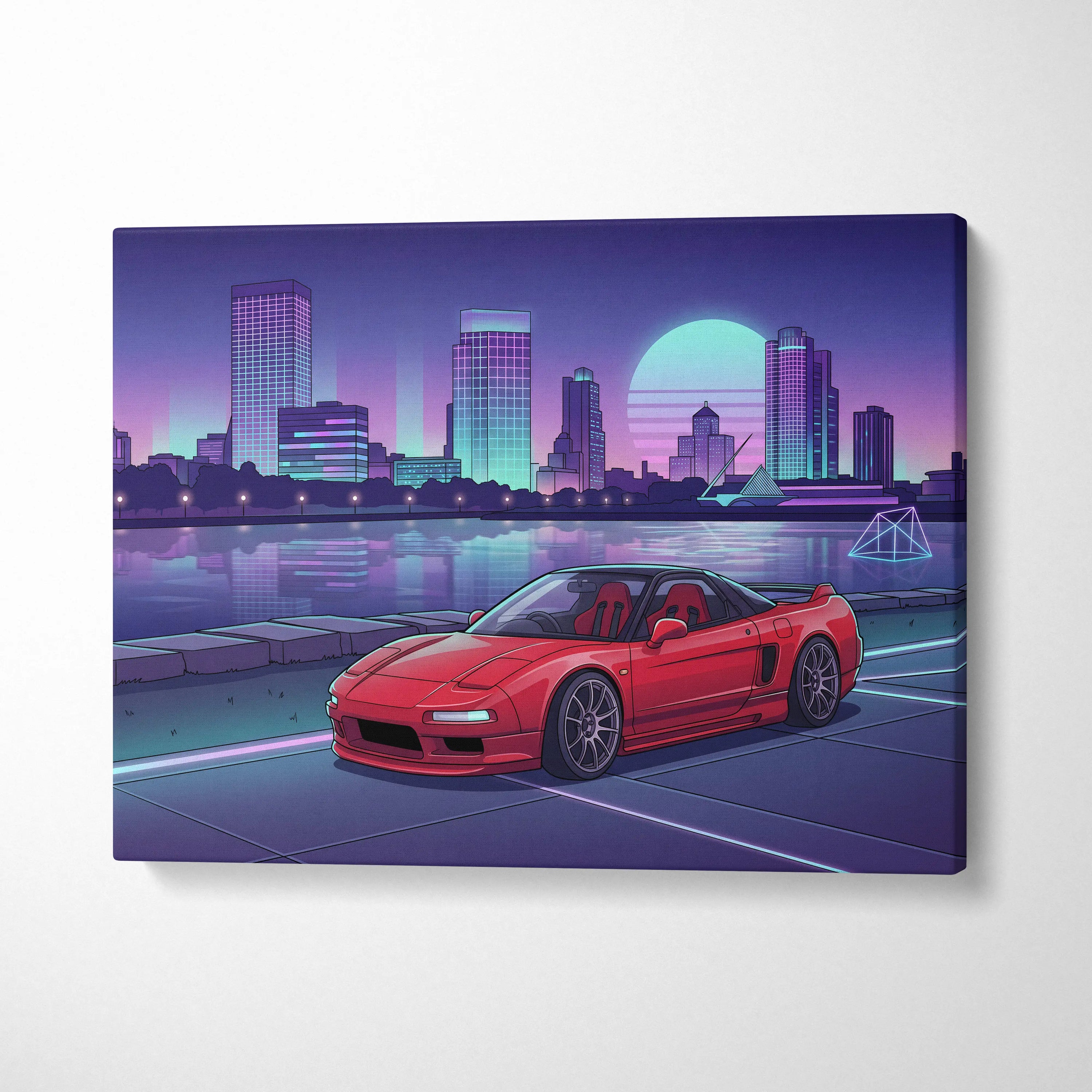 Acura NSX Inspired Red Purple Canvas Wall Art Vaporwave JDM Supercar Artwork Neon City Skyline Garage Decor Retro Futuristic Waterfront Print
