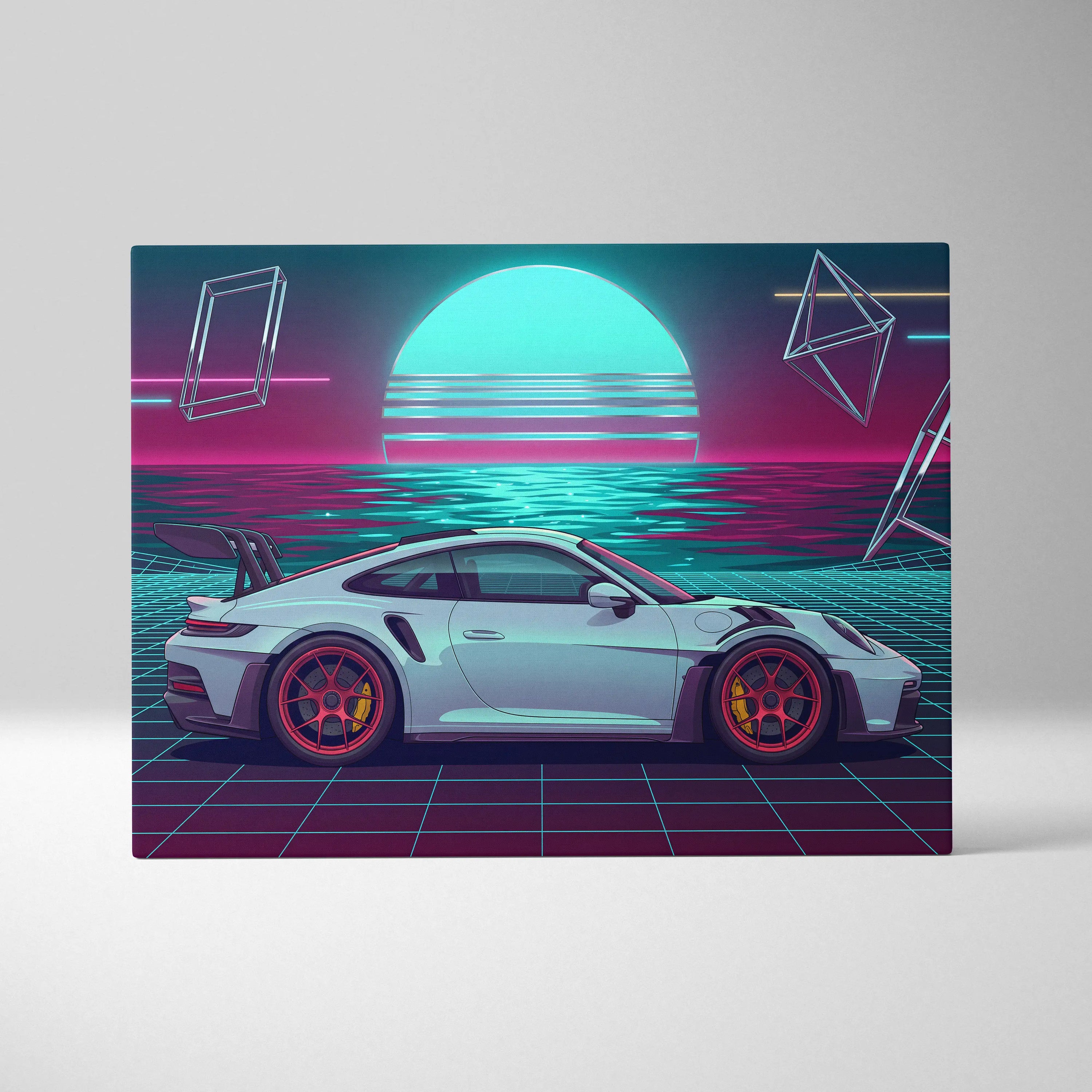 Porsche 911 GT3 RS Inspired White Teal Canvas Wall Art Vaporwave Ocean Sunset Sports Car Artwork, Neon Grid Garage Decor