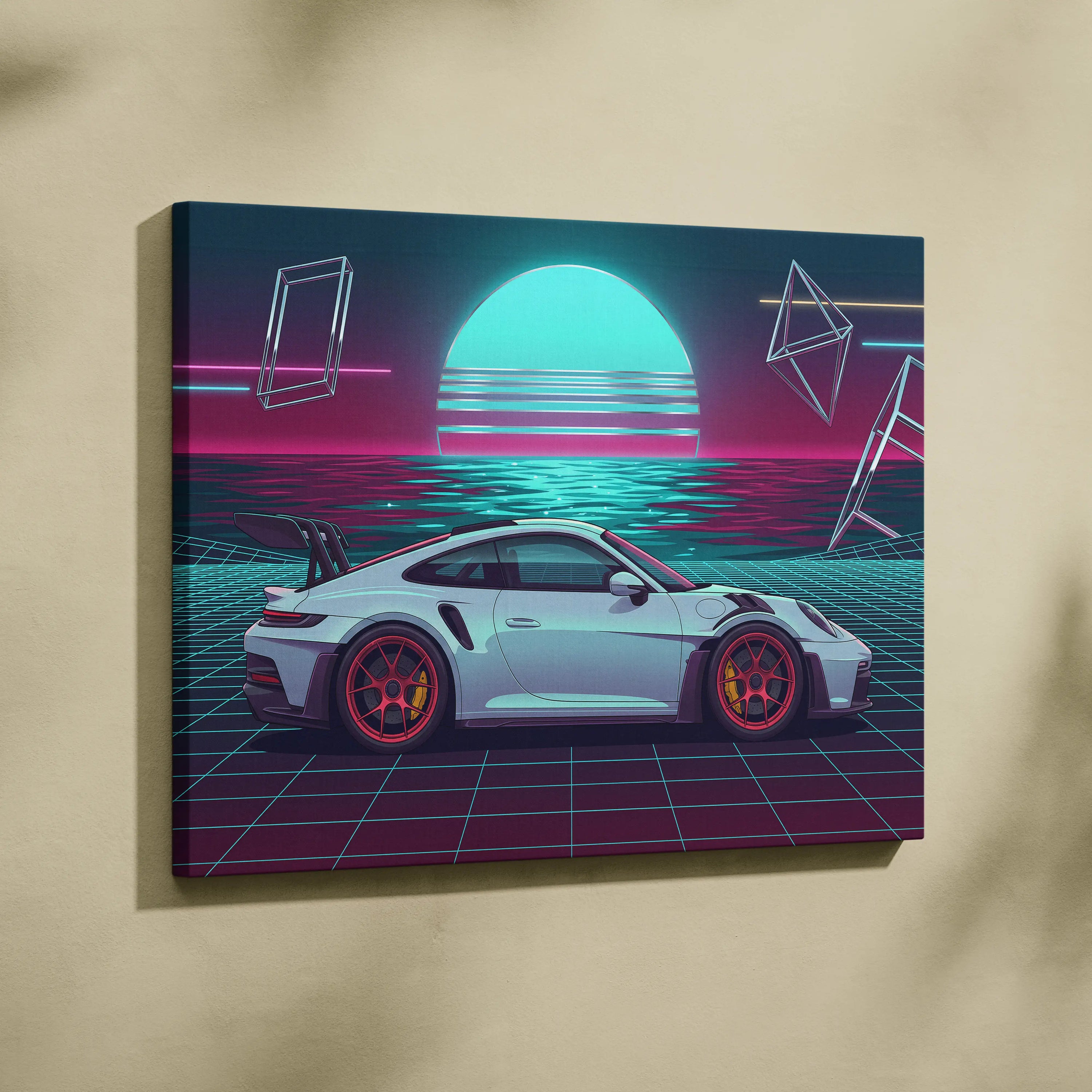 Porsche 911 GT3 RS Inspired White Teal Canvas Wall Art Vaporwave Ocean Sunset Sports Car Artwork, Neon Grid Garage Decor