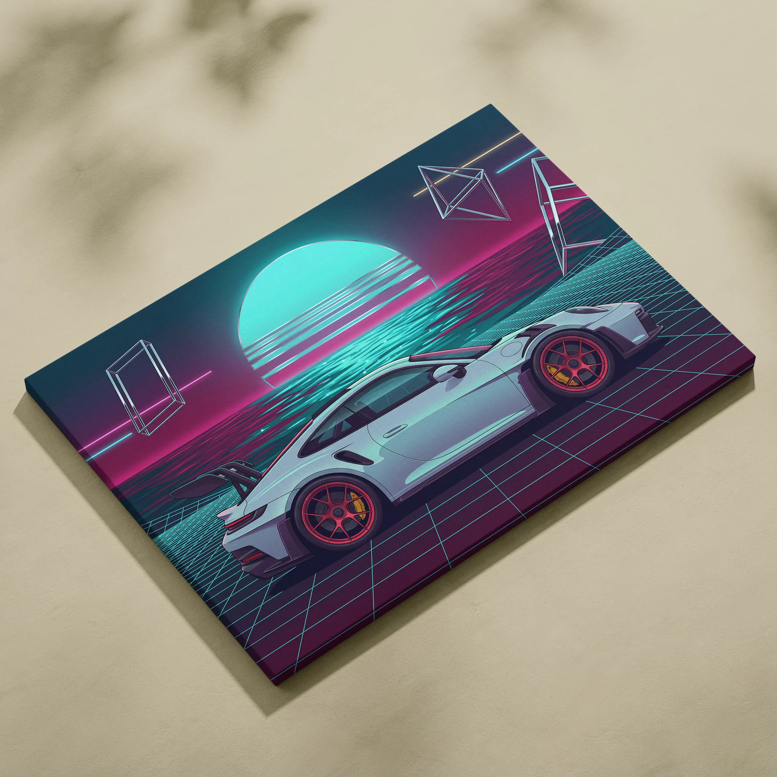 Porsche 911 GT3 RS Inspired White Teal Canvas Wall Art Vaporwave Ocean Sunset Sports Car Artwork, Neon Grid Garage Decor