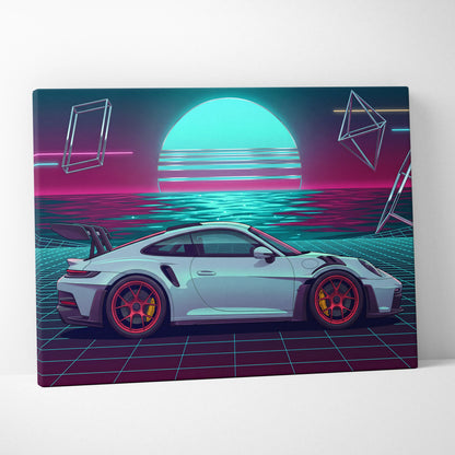 Porsche 911 GT3 RS Inspired White Teal Canvas Wall Art Vaporwave Ocean Sunset Sports Car Artwork, Neon Grid Garage Decor