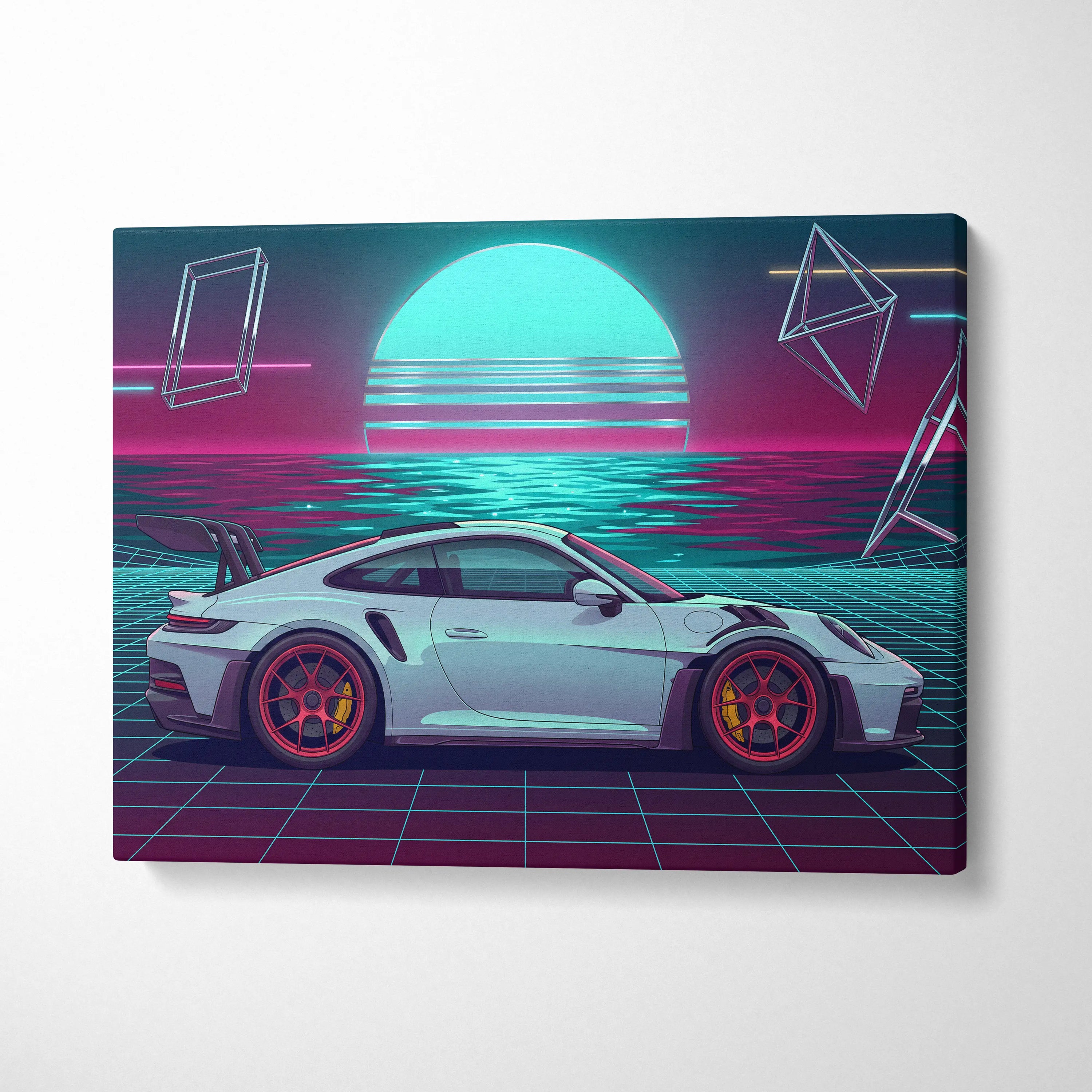 Porsche 911 GT3 RS Inspired White Teal Canvas Wall Art Vaporwave Ocean Sunset Sports Car Artwork, Neon Grid Garage Decor