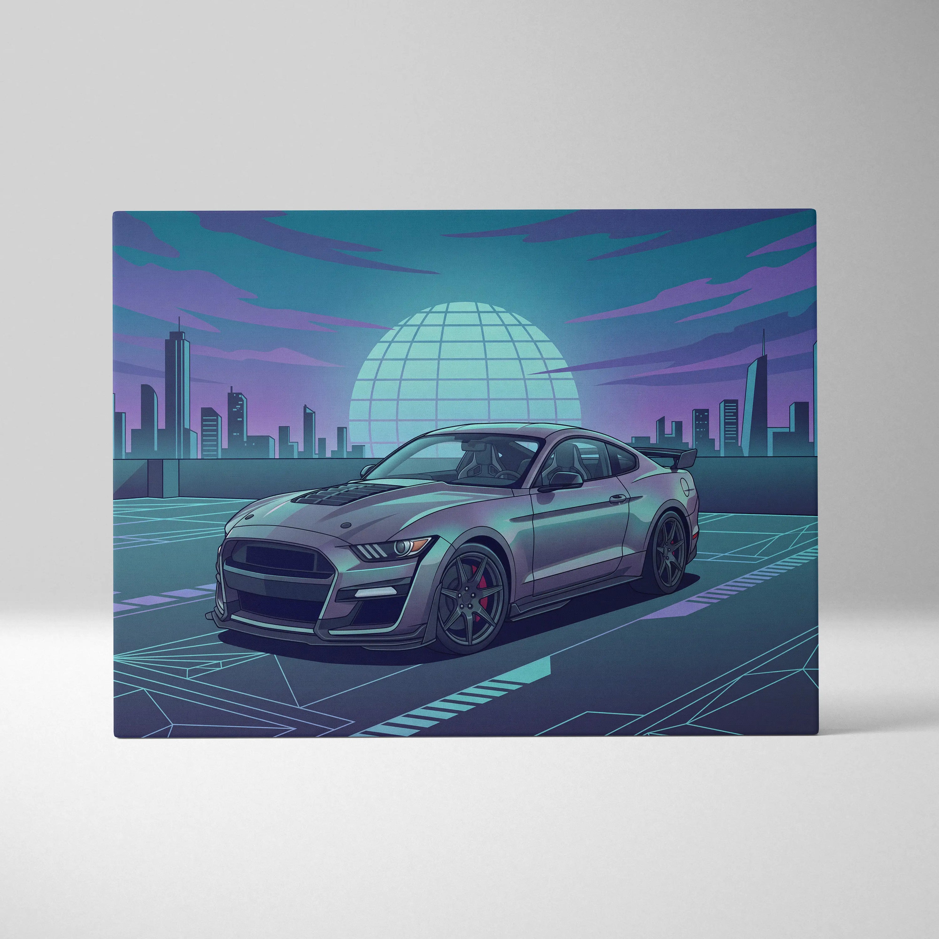 Ford Mustang Shelby GT500 Inspired Gray Teal Canvas Wall Art Vaporwave Muscle Car Artwork Neon City Garage Decor Futuristic Skyline Print