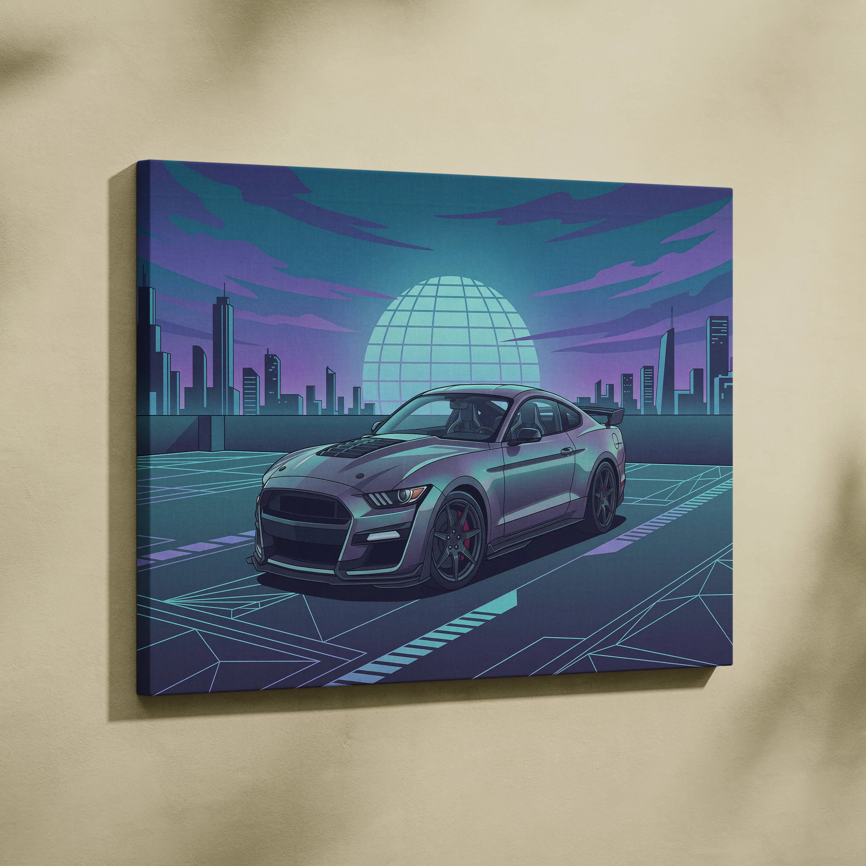 Ford Mustang Shelby GT500 Inspired Gray Teal Canvas Wall Art Vaporwave Muscle Car Artwork Neon City Garage Decor Futuristic Skyline Print