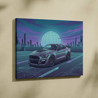 Ford Mustang Shelby GT500 Inspired Gray Teal Canvas Wall Art Vaporwave Muscle Car Artwork Neon City Garage Decor Futuristic Skyline Print