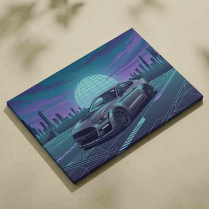 Ford Mustang Shelby GT500 Inspired Gray Teal Canvas Wall Art Vaporwave Muscle Car Artwork Neon City Garage Decor Futuristic Skyline Print