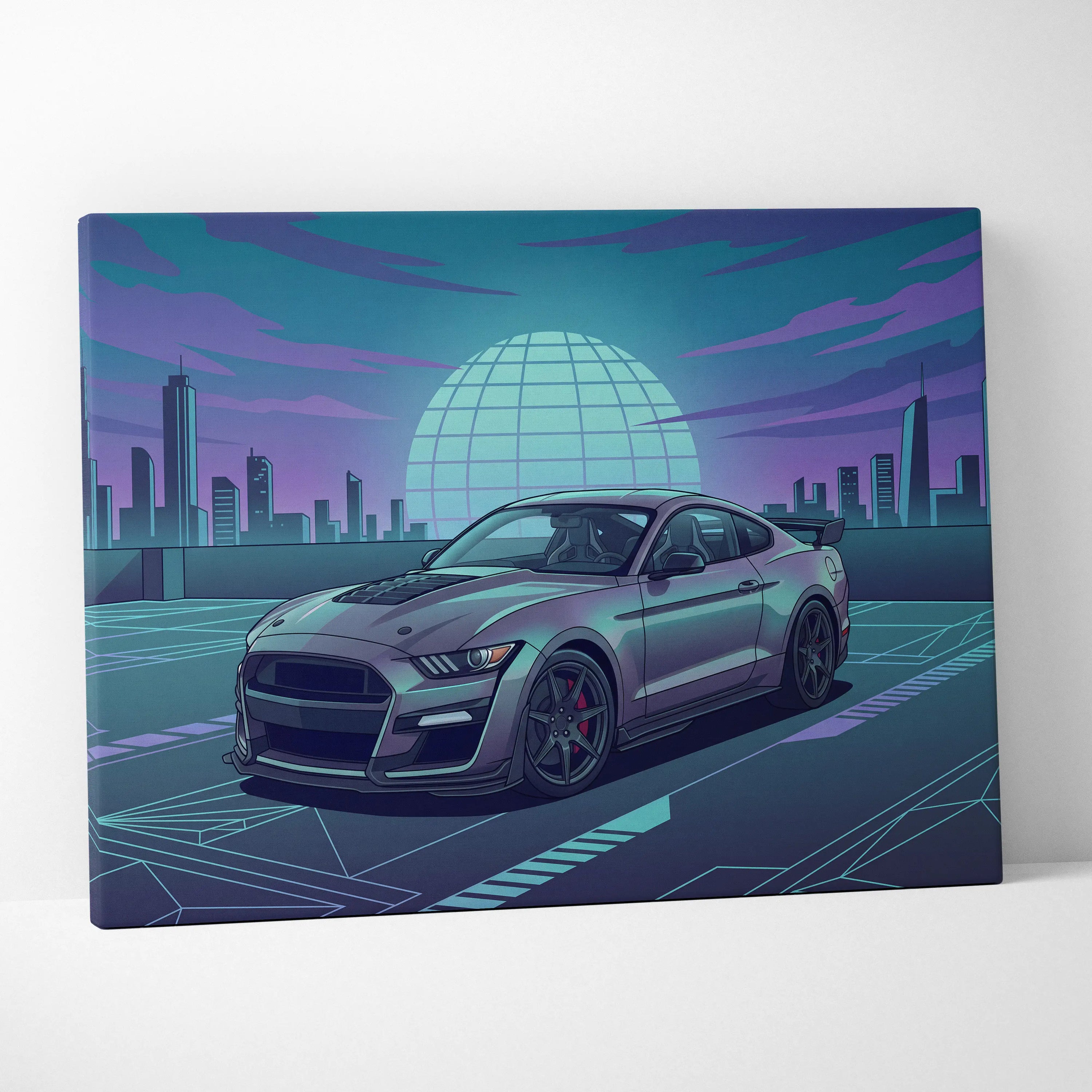 Ford Mustang Shelby GT500 Inspired Gray Teal Canvas Wall Art Vaporwave Muscle Car Artwork Neon City Garage Decor Futuristic Skyline Print