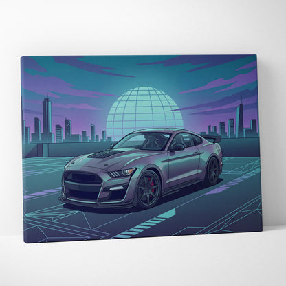 Ford Mustang Shelby GT500 Inspired Gray Teal Canvas Wall Art Vaporwave Muscle Car Artwork Neon City Garage Decor Futuristic Skyline Print