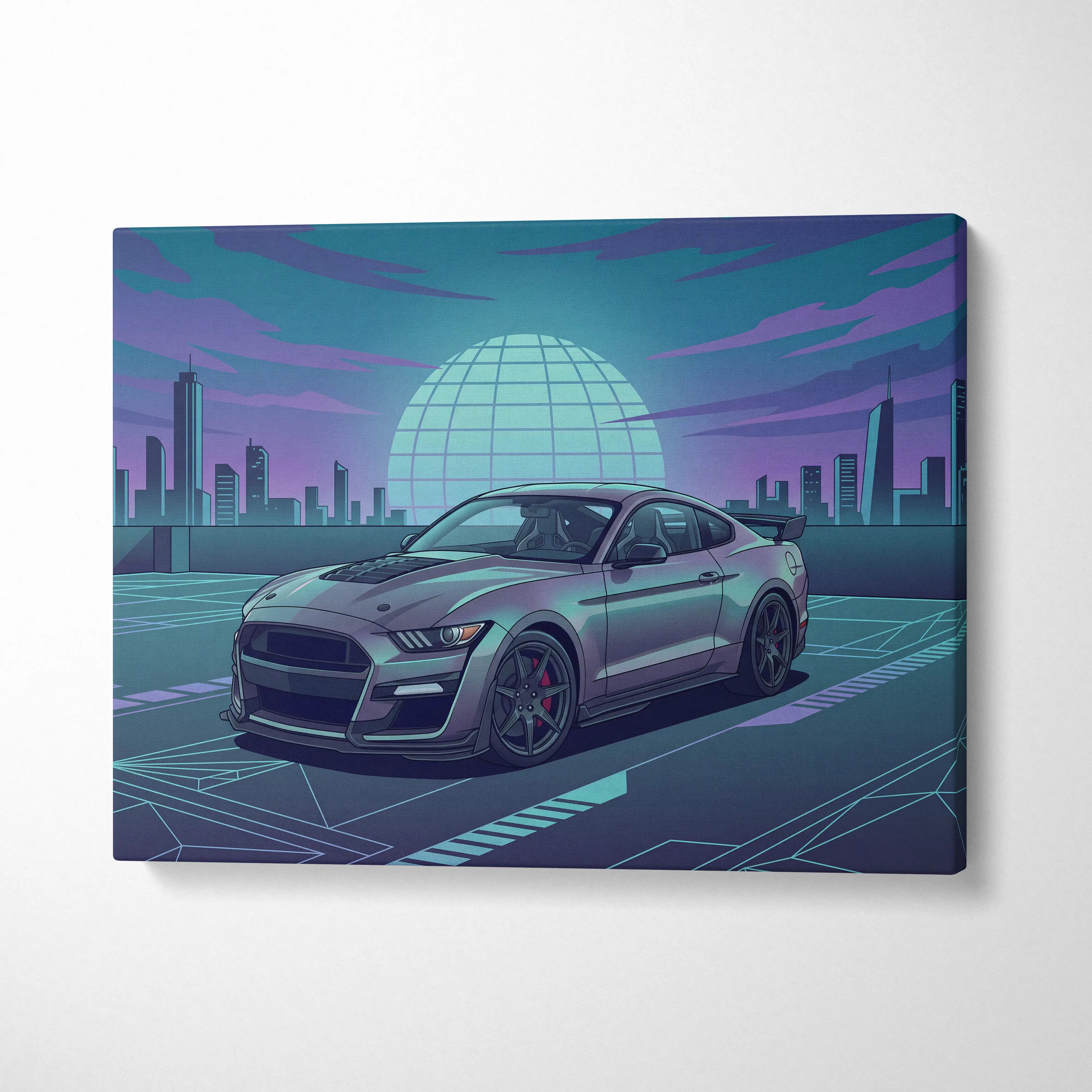 Ford Mustang Shelby GT500 Inspired Gray Teal Canvas Wall Art Vaporwave Muscle Car Artwork Neon City Garage Decor Futuristic Skyline Print
