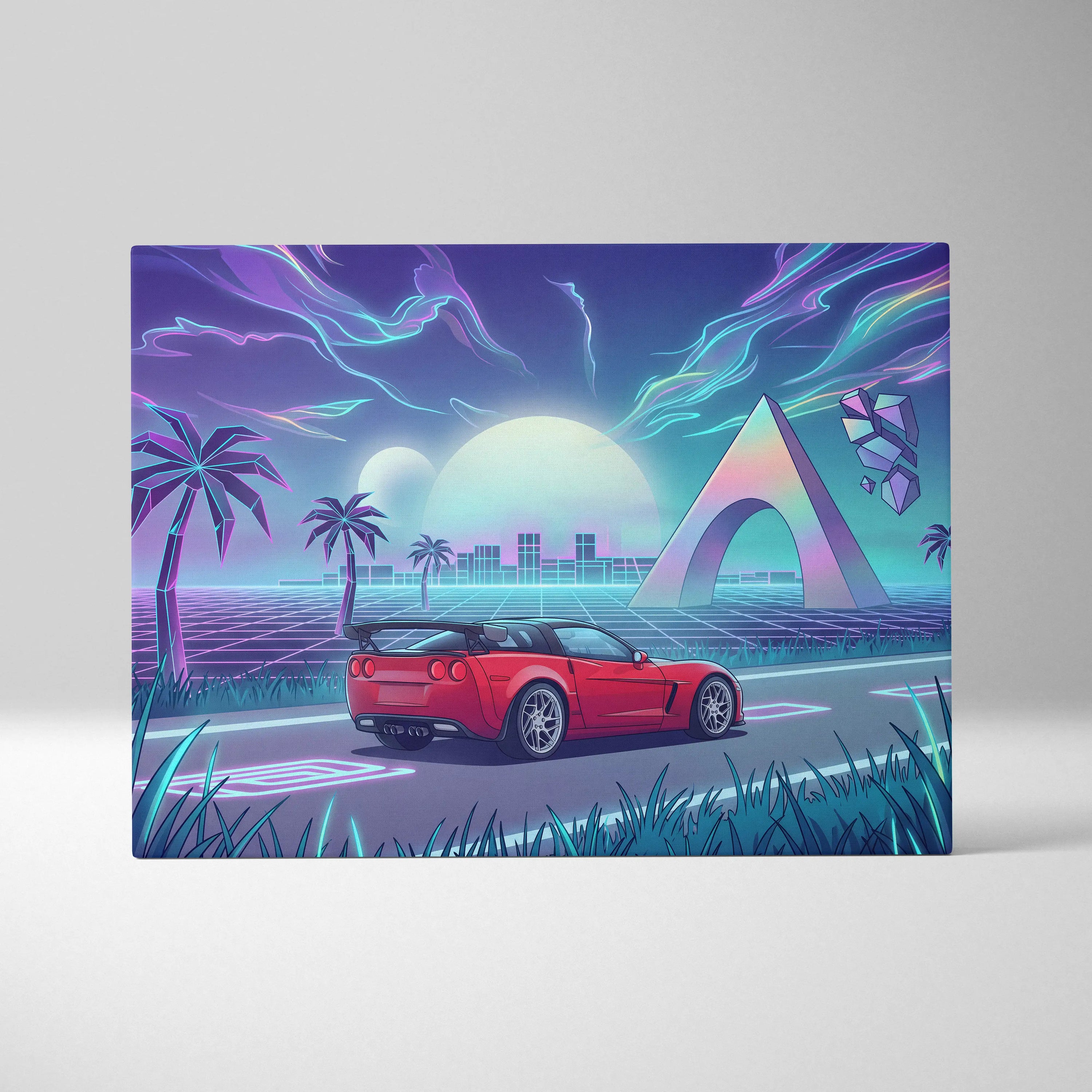 Chevrolet Corvette C6 Inspired Red Blue Canvas Wall Art Vaporwave Tropical Road Car Artwork, Neon Sunset Garage Decor