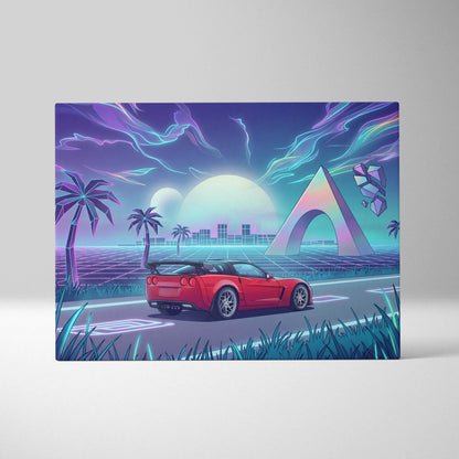 Chevrolet Corvette C6 Inspired Red Blue Canvas Wall Art Vaporwave Tropical Road Car Artwork, Neon Sunset Garage Decor