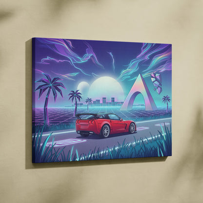 Chevrolet Corvette C6 Inspired Red Blue Canvas Wall Art Vaporwave Tropical Road Car Artwork, Neon Sunset Garage Decor