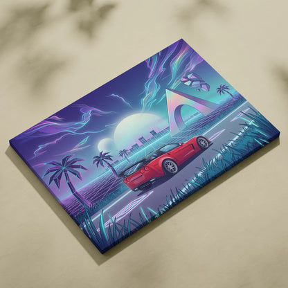 Chevrolet Corvette C6 Inspired Red Blue Canvas Wall Art Vaporwave Tropical Road Car Artwork, Neon Sunset Garage Decor