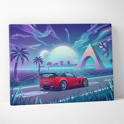 Chevrolet Corvette C6 Inspired Red Blue Canvas Wall Art Vaporwave Tropical Road Car Artwork, Neon Sunset Garage Decor