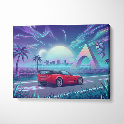 Chevrolet Corvette C6 Inspired Red Blue Canvas Wall Art Vaporwave Tropical Road Car Artwork, Neon Sunset Garage Decor