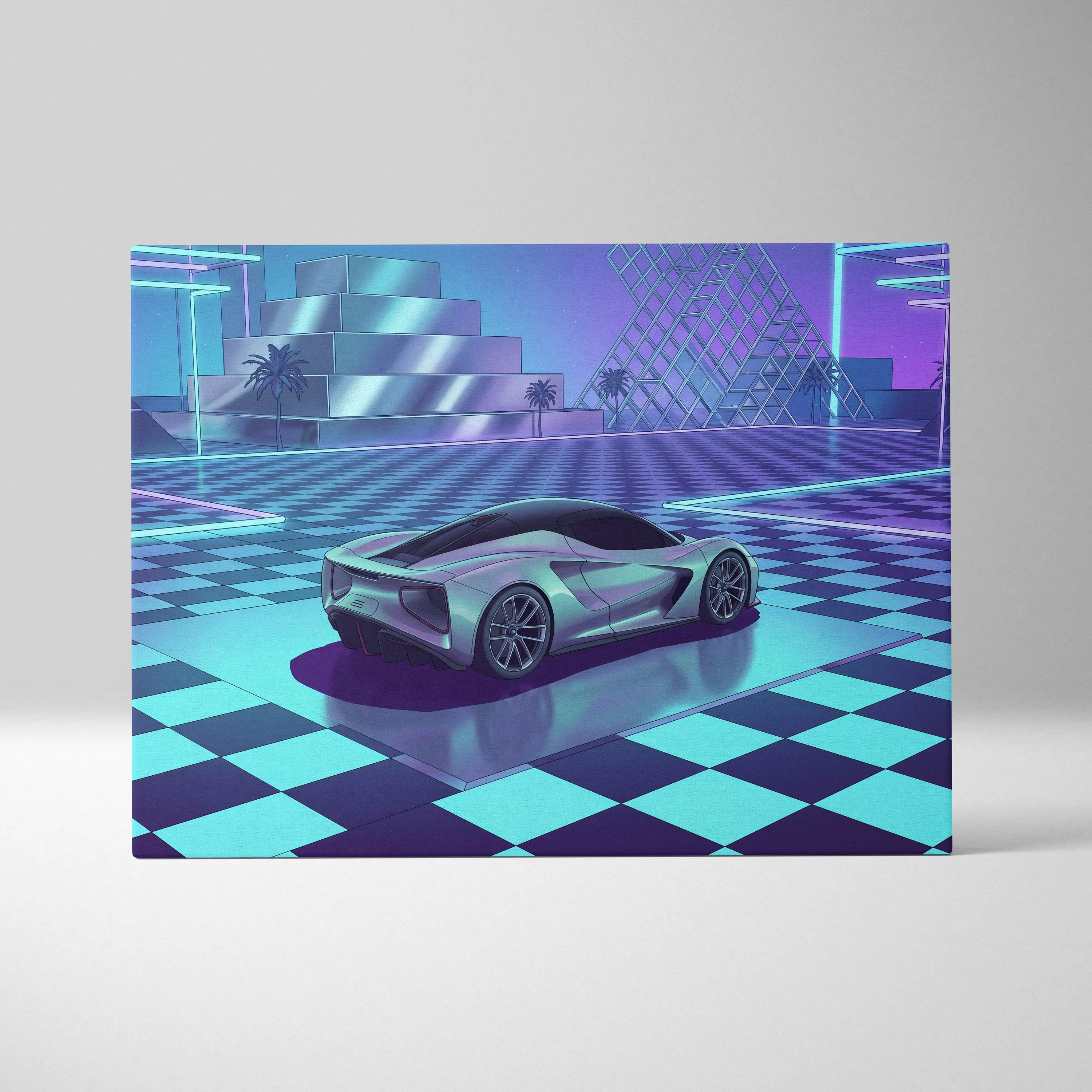 Lotus Evija Inspired Silver Purple Canvas Wall Art, Vaporwave Supercar Artwork, Neon Grid Garage Decor, Retro Futuristic Exotic Print