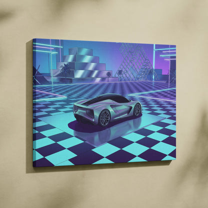 Lotus Evija Inspired Silver Purple Canvas Wall Art, Vaporwave Supercar Artwork, Neon Grid Garage Decor, Retro Futuristic Exotic Print