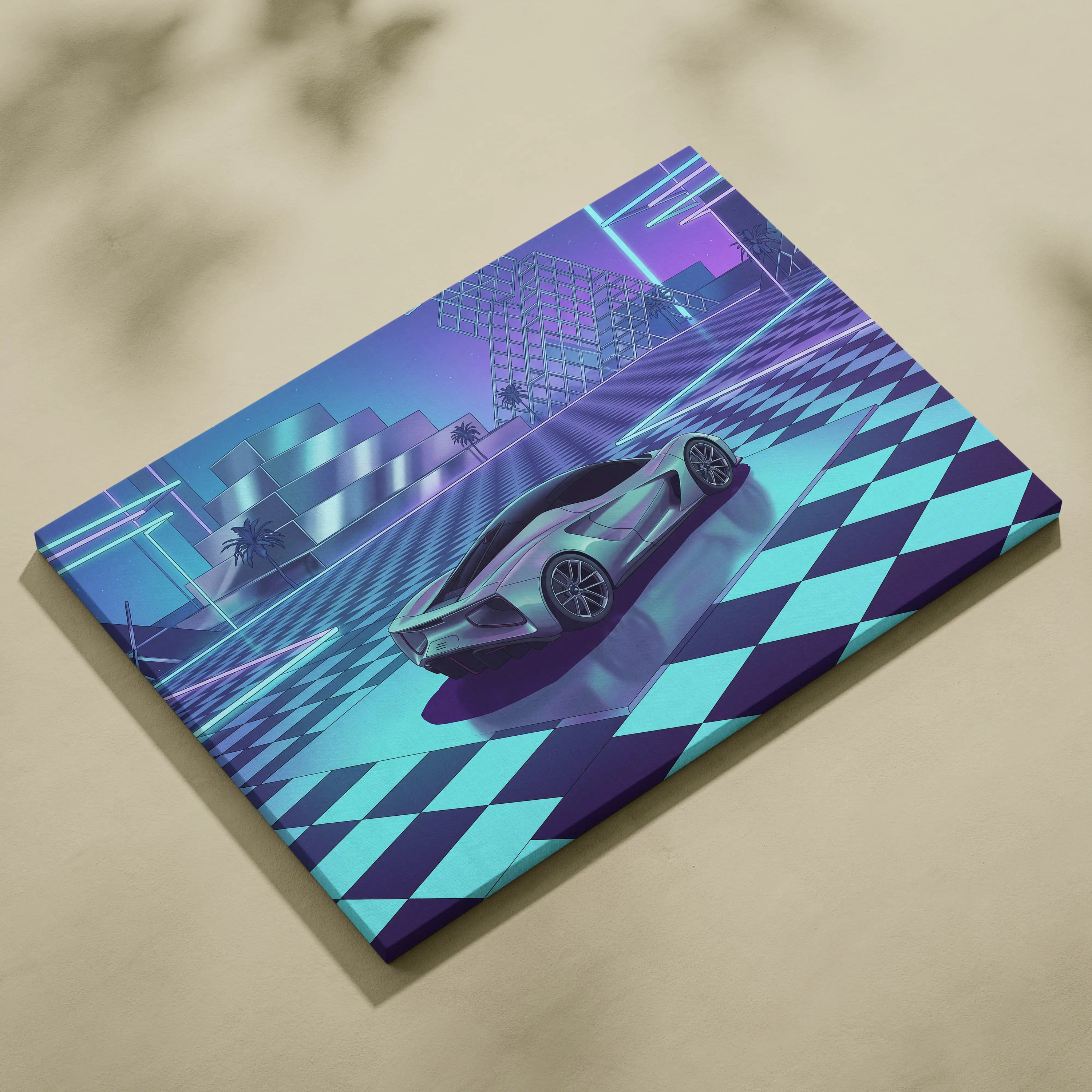Lotus Evija Inspired Silver Purple Canvas Wall Art, Vaporwave Supercar Artwork, Neon Grid Garage Decor, Retro Futuristic Exotic Print