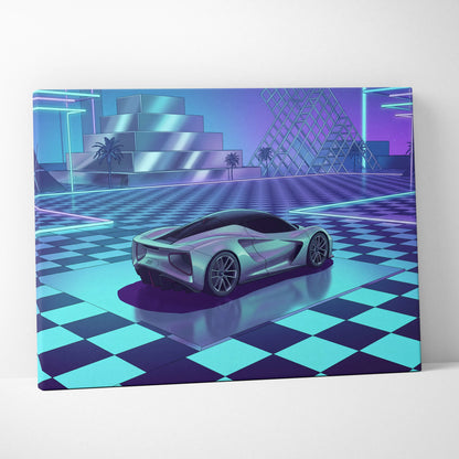 Lotus Evija Inspired Silver Purple Canvas Wall Art, Vaporwave Supercar Artwork, Neon Grid Garage Decor, Retro Futuristic Exotic Print