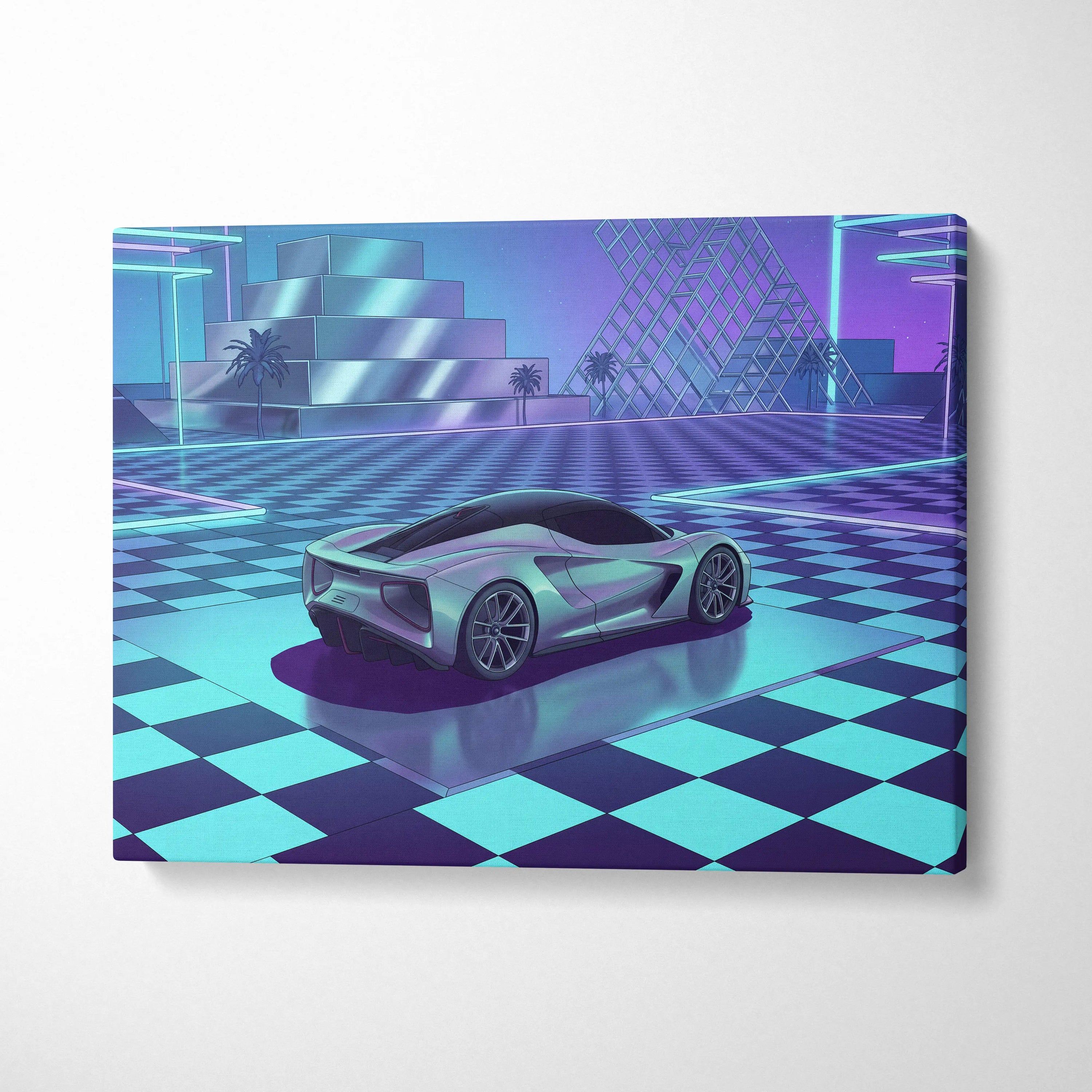 Lotus Evija Inspired Silver Purple Canvas Wall Art, Vaporwave Supercar Artwork, Neon Grid Garage Decor, Retro Futuristic Exotic Print