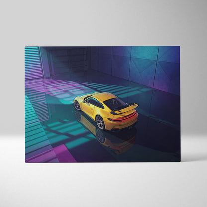 Porsche 911 GT3 RS Inspired Yellow Purple Canvas Wall Art Vaporwave Sports Car Artwork Neon Garage Decor Retro Futuristic Luxury Car Print