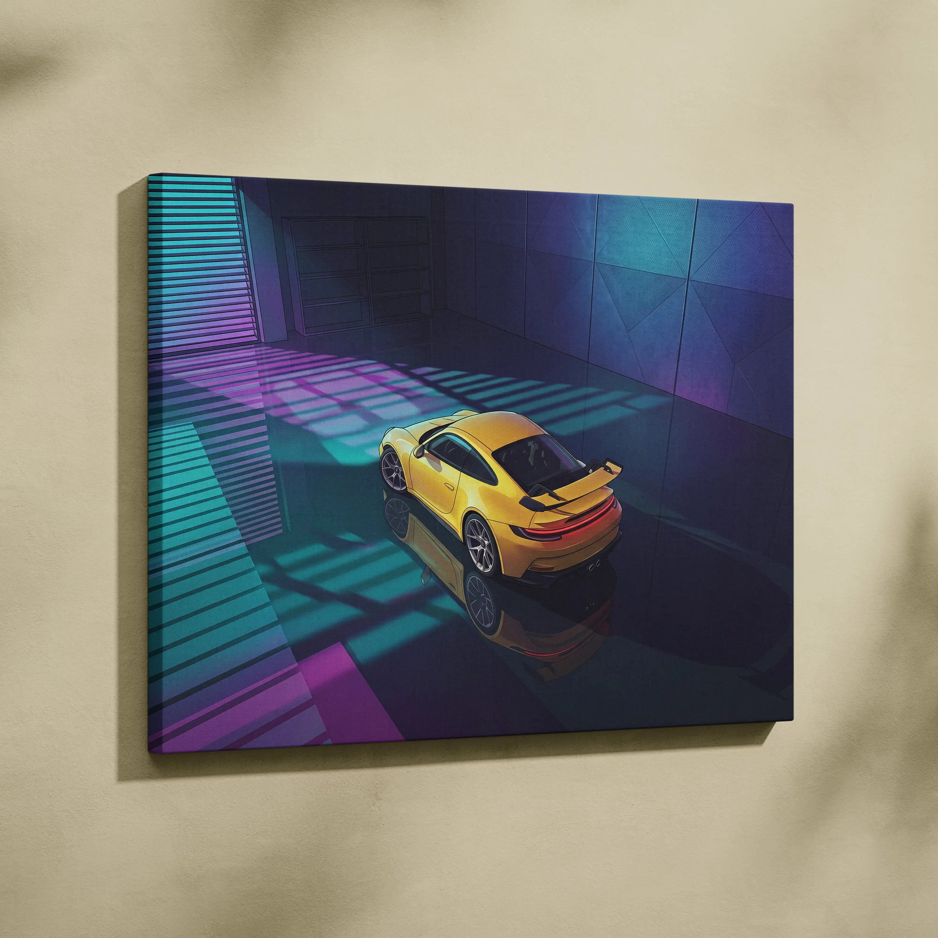 Porsche 911 GT3 RS Inspired Yellow Purple Canvas Wall Art Vaporwave Sports Car Artwork Neon Garage Decor Retro Futuristic Luxury Car Print