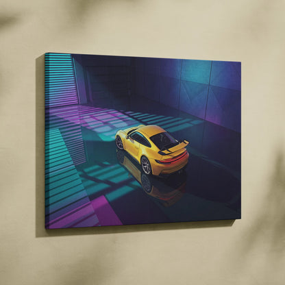 Porsche 911 GT3 RS Inspired Yellow Purple Canvas Wall Art Vaporwave Sports Car Artwork Neon Garage Decor Retro Futuristic Luxury Car Print