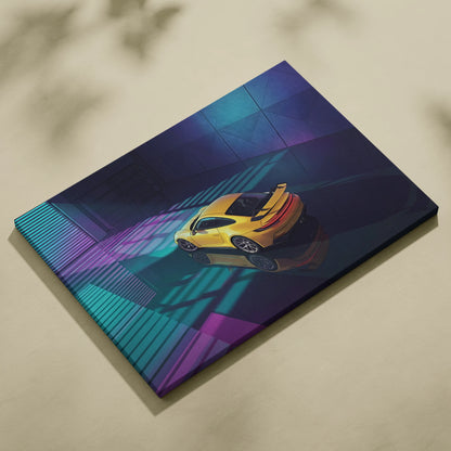Porsche 911 GT3 RS Inspired Yellow Purple Canvas Wall Art Vaporwave Sports Car Artwork Neon Garage Decor Retro Futuristic Luxury Car Print