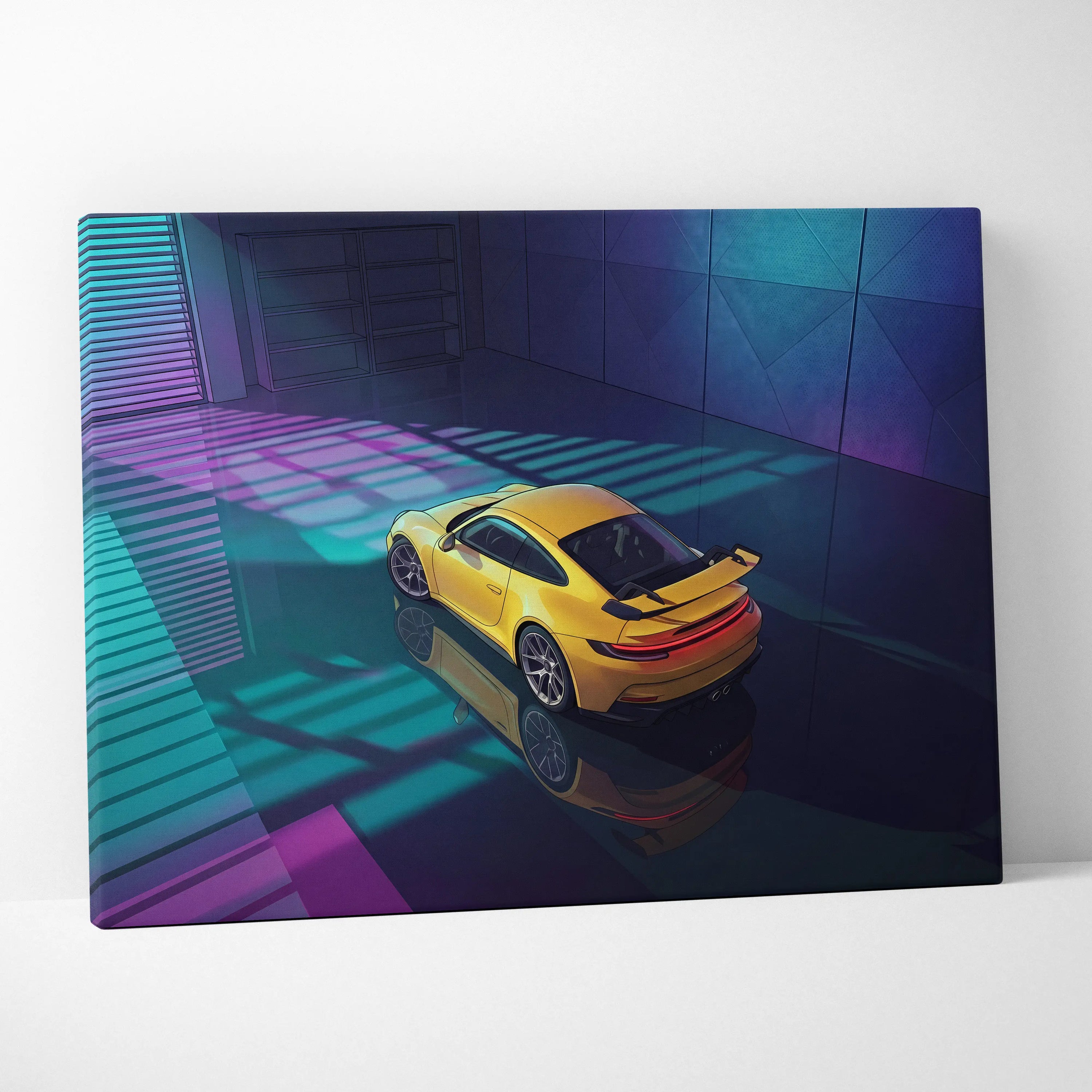 Porsche 911 GT3 RS Inspired Yellow Purple Canvas Wall Art Vaporwave Sports Car Artwork Neon Garage Decor Retro Futuristic Luxury Car Print