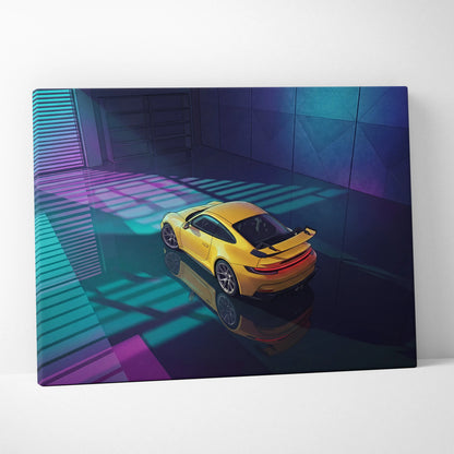 Porsche 911 GT3 RS Inspired Yellow Purple Canvas Wall Art Vaporwave Sports Car Artwork Neon Garage Decor Retro Futuristic Luxury Car Print