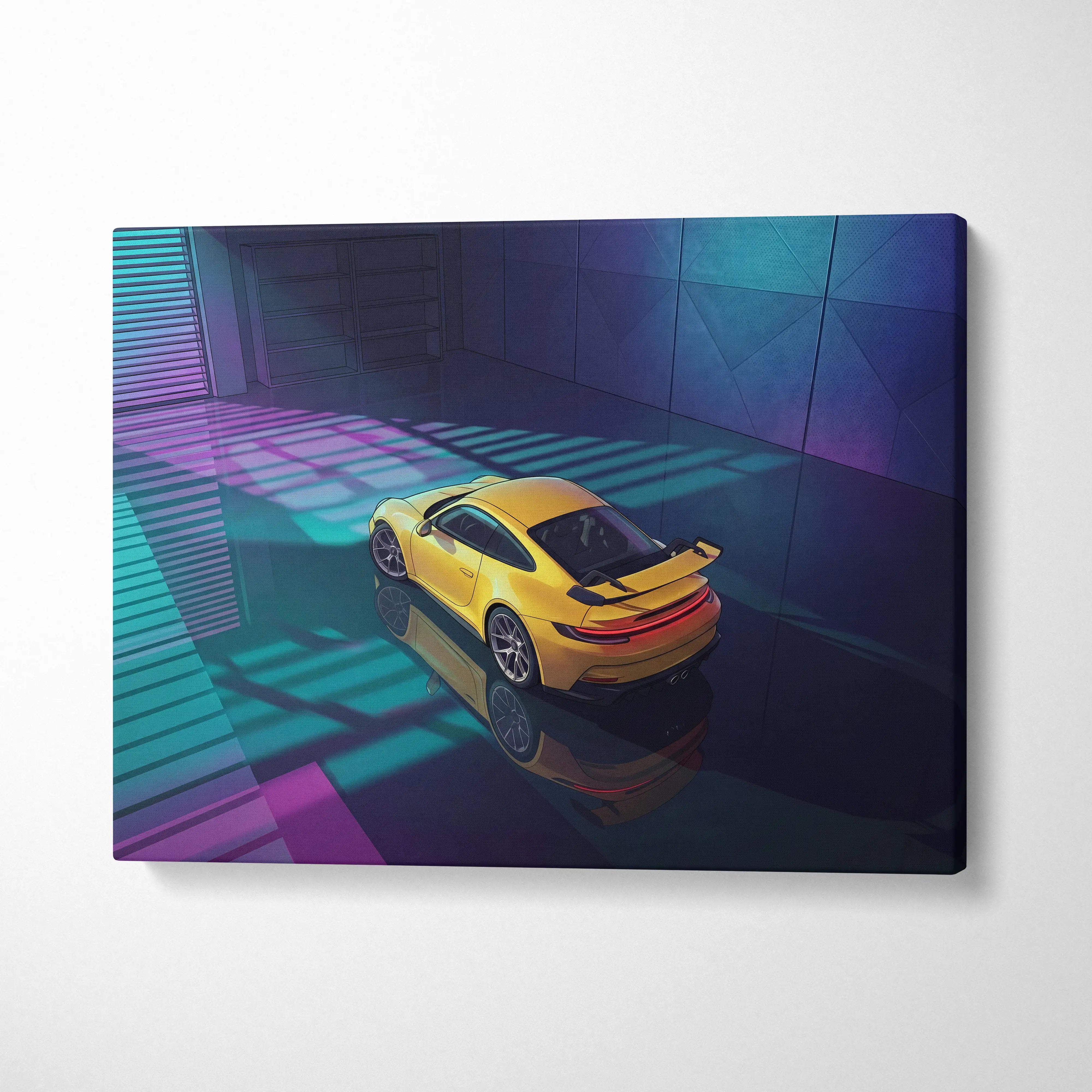 Porsche 911 GT3 RS Inspired Yellow Purple Canvas Wall Art Vaporwave Sports Car Artwork Neon Garage Decor Retro Futuristic Luxury Car Print