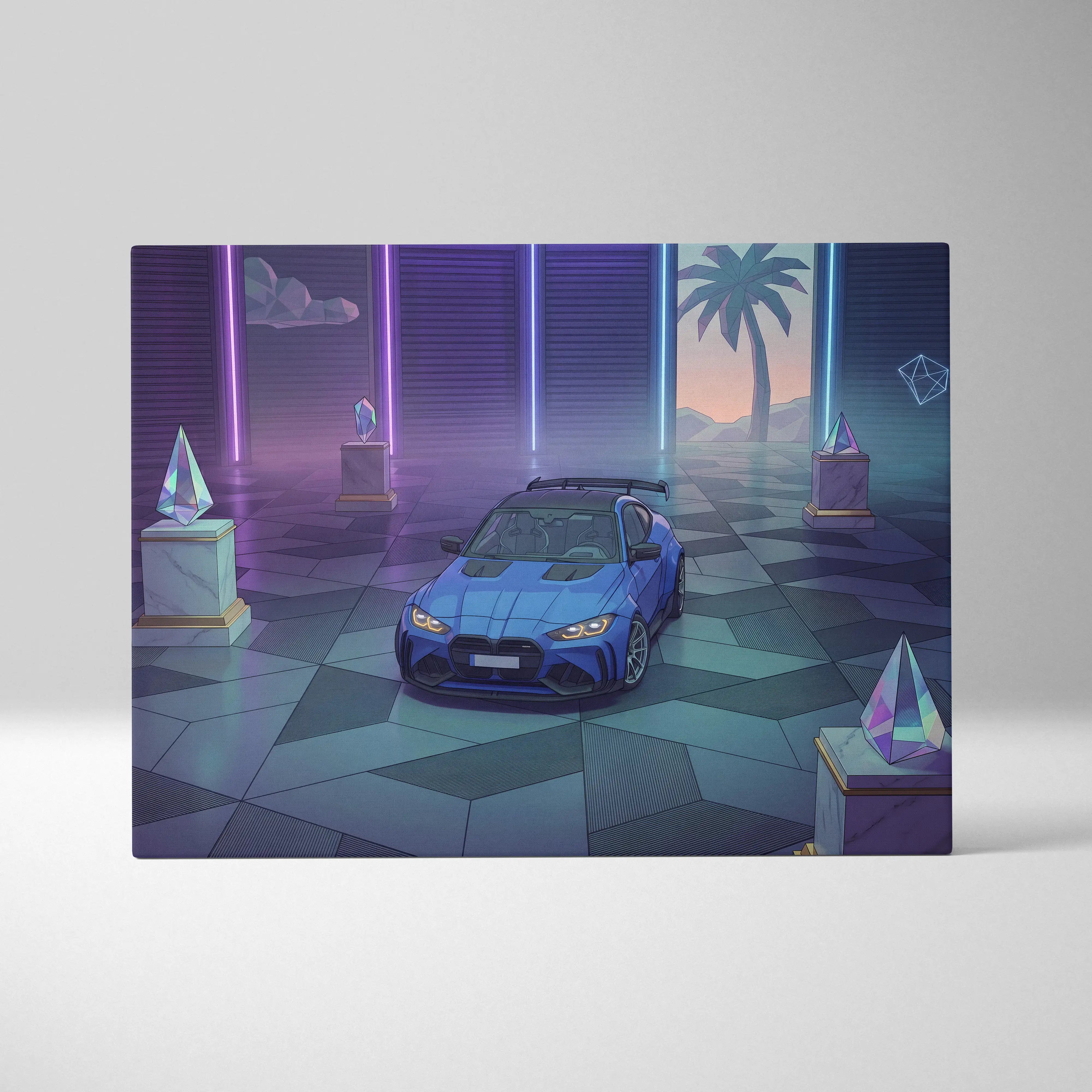 BMW M4 Inspired Blue Purple Canvas Wall Art Vaporwave Sports Car Artwork Neon Palm Garage Decor Retro Futuristic City Print