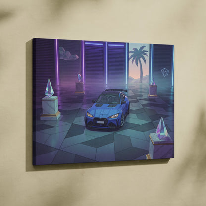 BMW M4 Inspired Blue Purple Canvas Wall Art Vaporwave Sports Car Artwork Neon Palm Garage Decor Retro Futuristic City Print