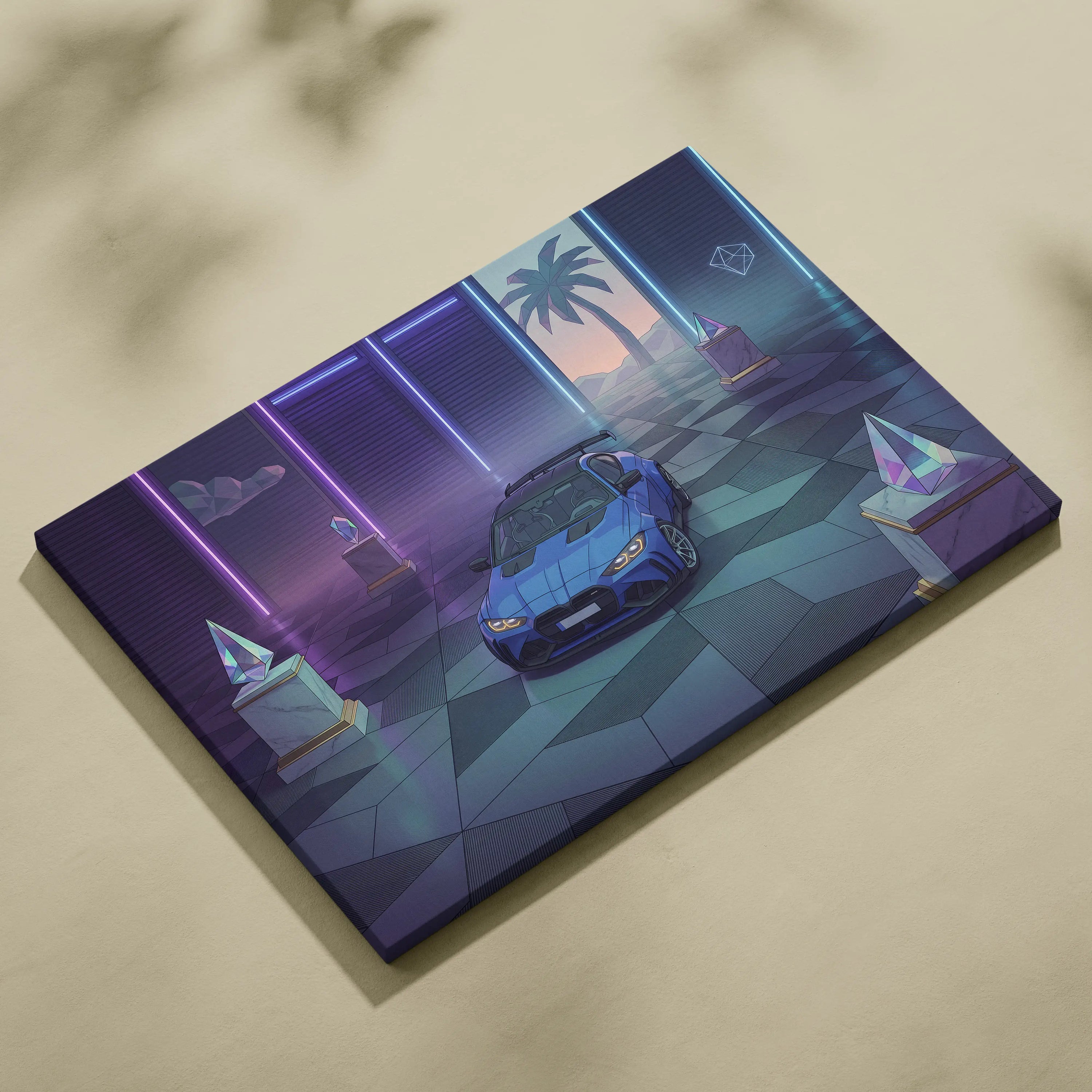 BMW M4 Inspired Blue Purple Canvas Wall Art Vaporwave Sports Car Artwork Neon Palm Garage Decor Retro Futuristic City Print