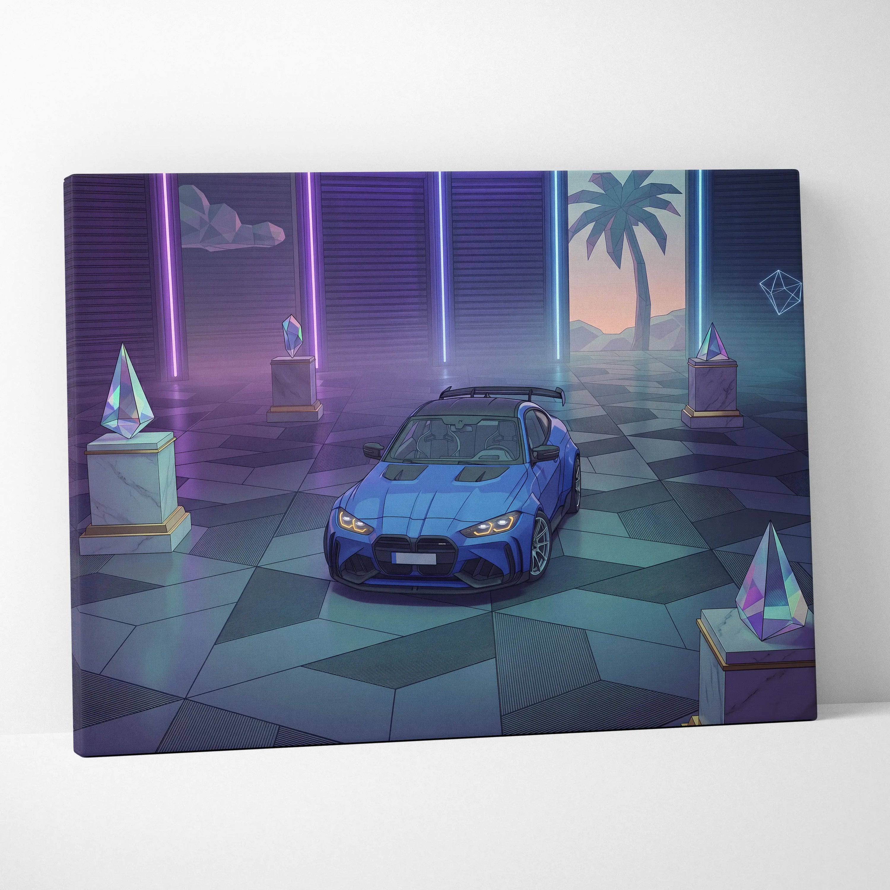 BMW M4 Inspired Blue Purple Canvas Wall Art Vaporwave Sports Car Artwork Neon Palm Garage Decor Retro Futuristic City Print
