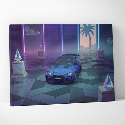 BMW M4 Inspired Blue Purple Canvas Wall Art Vaporwave Sports Car Artwork Neon Palm Garage Decor Retro Futuristic City Print