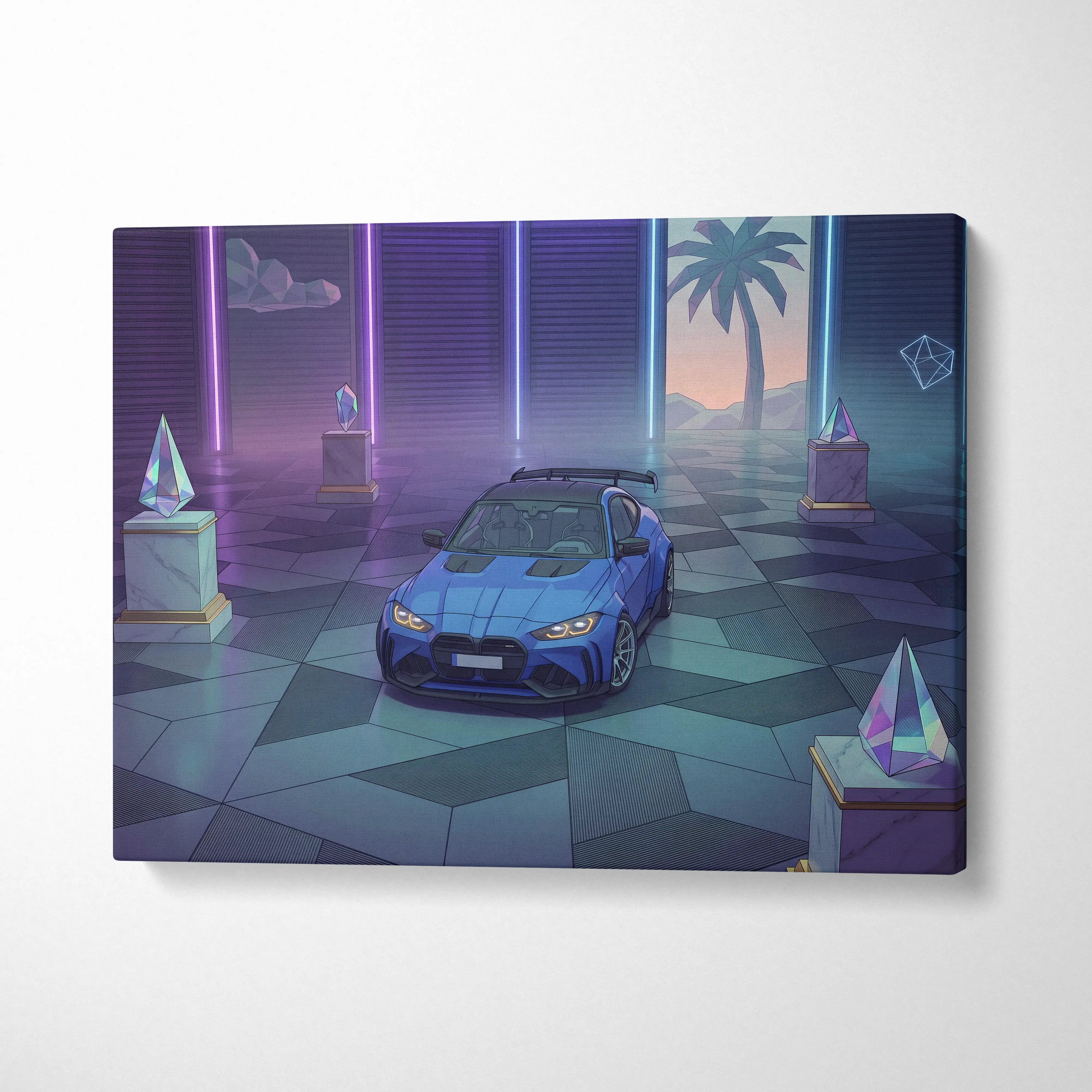 BMW M4 Inspired Blue Purple Canvas Wall Art Vaporwave Sports Car Artwork Neon Palm Garage Decor Retro Futuristic City Print