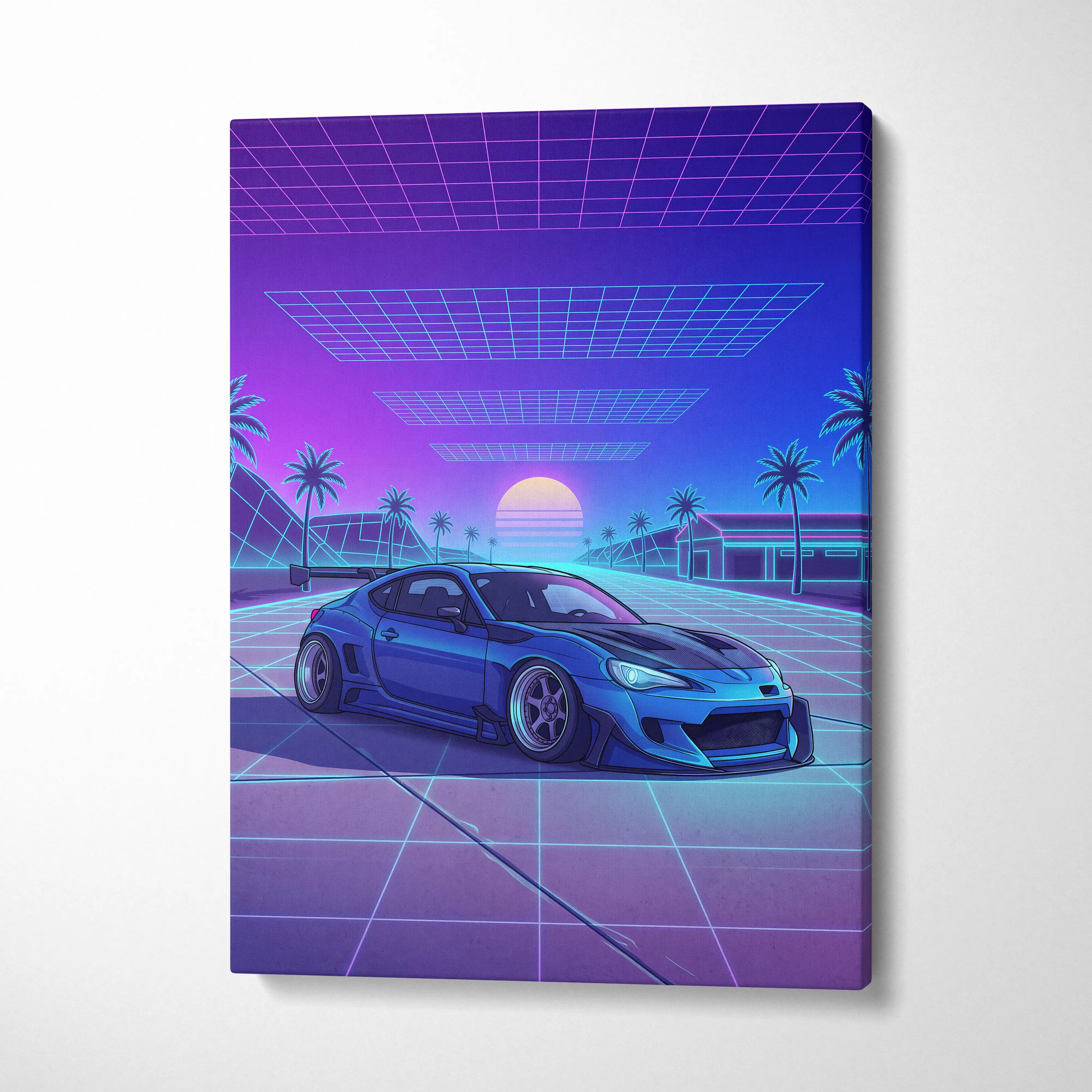 Subaru BRZ Inspired Blue Purple Canvas Wall Art Vaporwave JDM Car Artwork, Neon Grid Palm Garage Decor Retro Futuristic Print