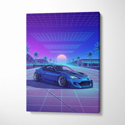 Subaru BRZ Inspired Blue Purple Canvas Wall Art Vaporwave JDM Car Artwork, Neon Grid Palm Garage Decor Retro Futuristic Print