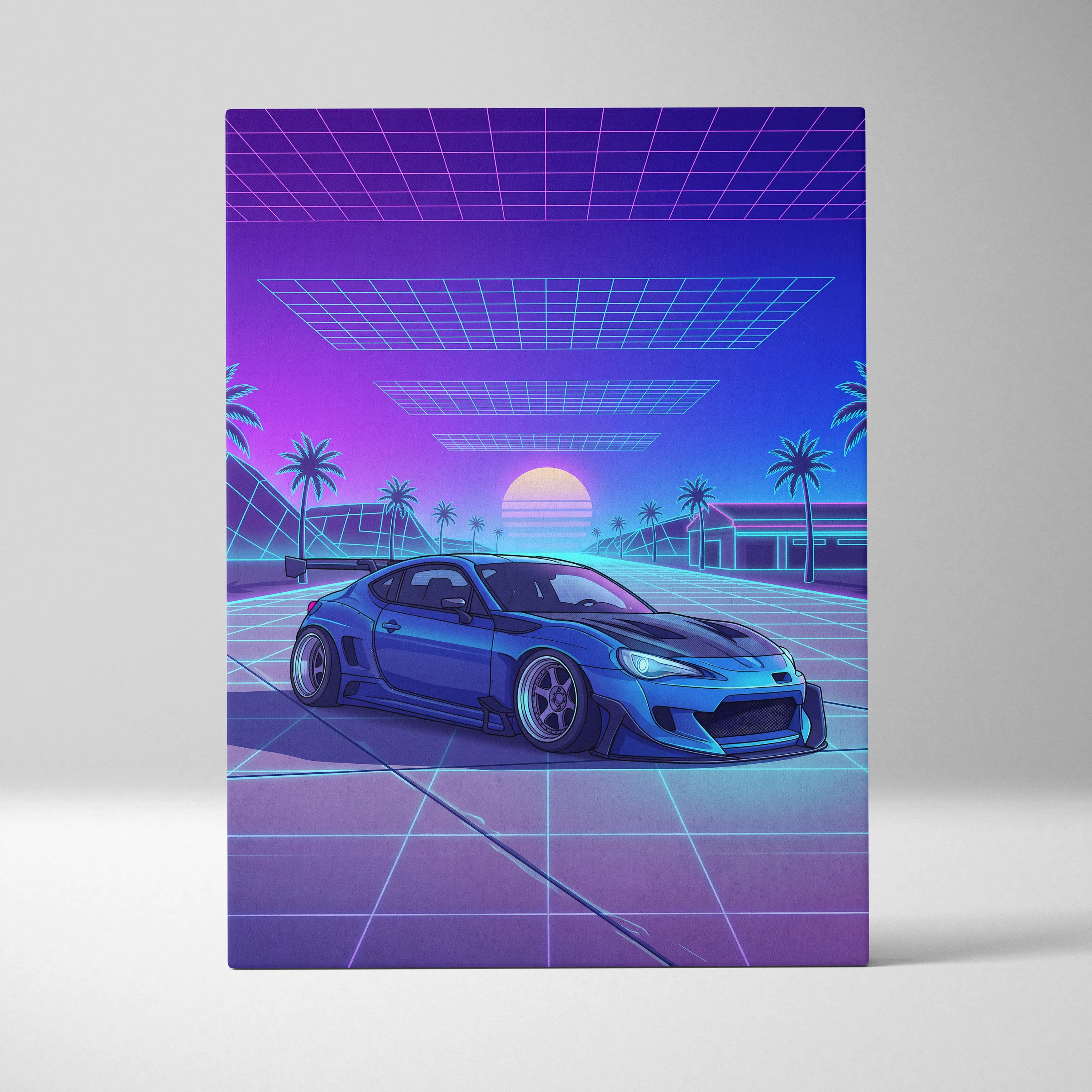 Subaru BRZ Inspired Blue Purple Canvas Wall Art Vaporwave JDM Car Artwork, Neon Grid Palm Garage Decor Retro Futuristic Print