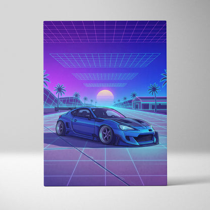 Subaru BRZ Inspired Blue Purple Canvas Wall Art Vaporwave JDM Car Artwork, Neon Grid Palm Garage Decor Retro Futuristic Print
