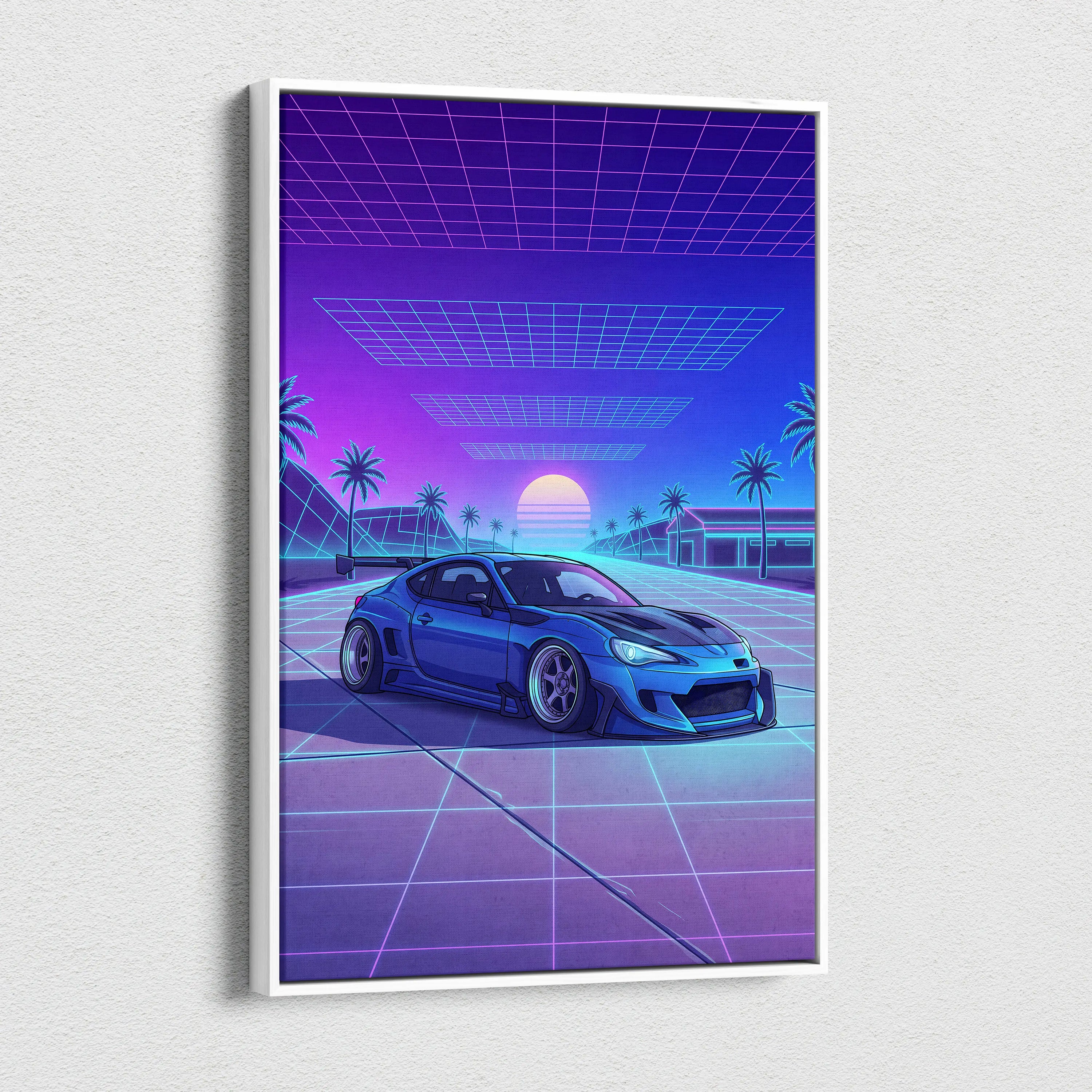 Subaru BRZ Inspired Blue Purple Canvas Wall Art Vaporwave JDM Car Artwork, Neon Grid Palm Garage Decor Retro Futuristic Print