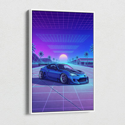 Subaru BRZ Inspired Blue Purple Canvas Wall Art Vaporwave JDM Car Artwork, Neon Grid Palm Garage Decor Retro Futuristic Print