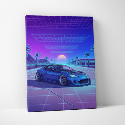 Subaru BRZ Inspired Blue Purple Canvas Wall Art Vaporwave JDM Car Artwork, Neon Grid Palm Garage Decor Retro Futuristic Print