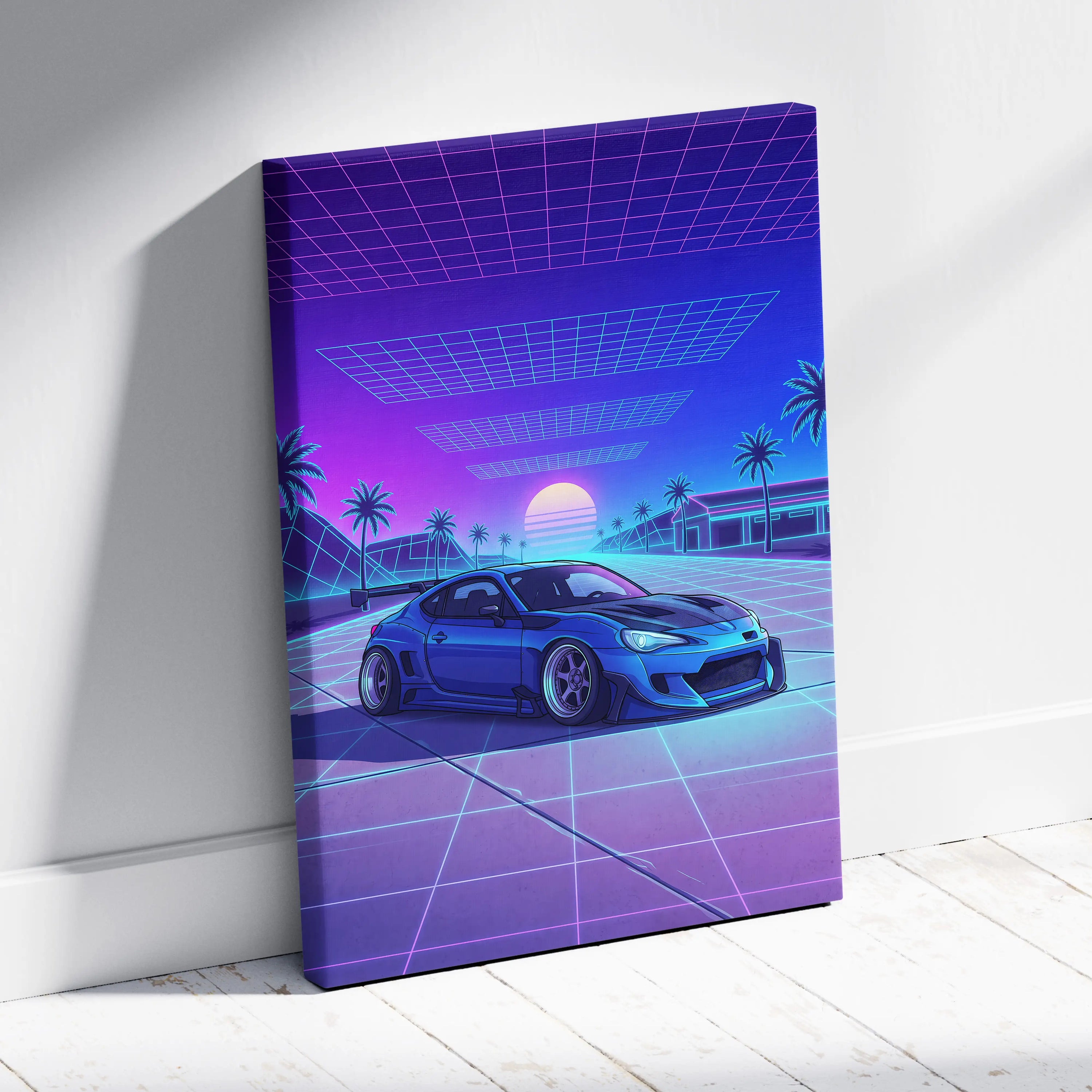 Subaru BRZ Inspired Blue Purple Canvas Wall Art Vaporwave JDM Car Artwork, Neon Grid Palm Garage Decor Retro Futuristic Print