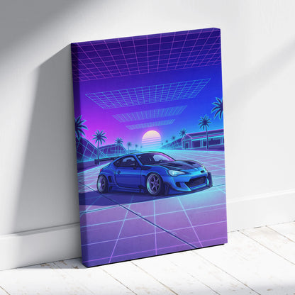 Subaru BRZ Inspired Blue Purple Canvas Wall Art Vaporwave JDM Car Artwork, Neon Grid Palm Garage Decor Retro Futuristic Print