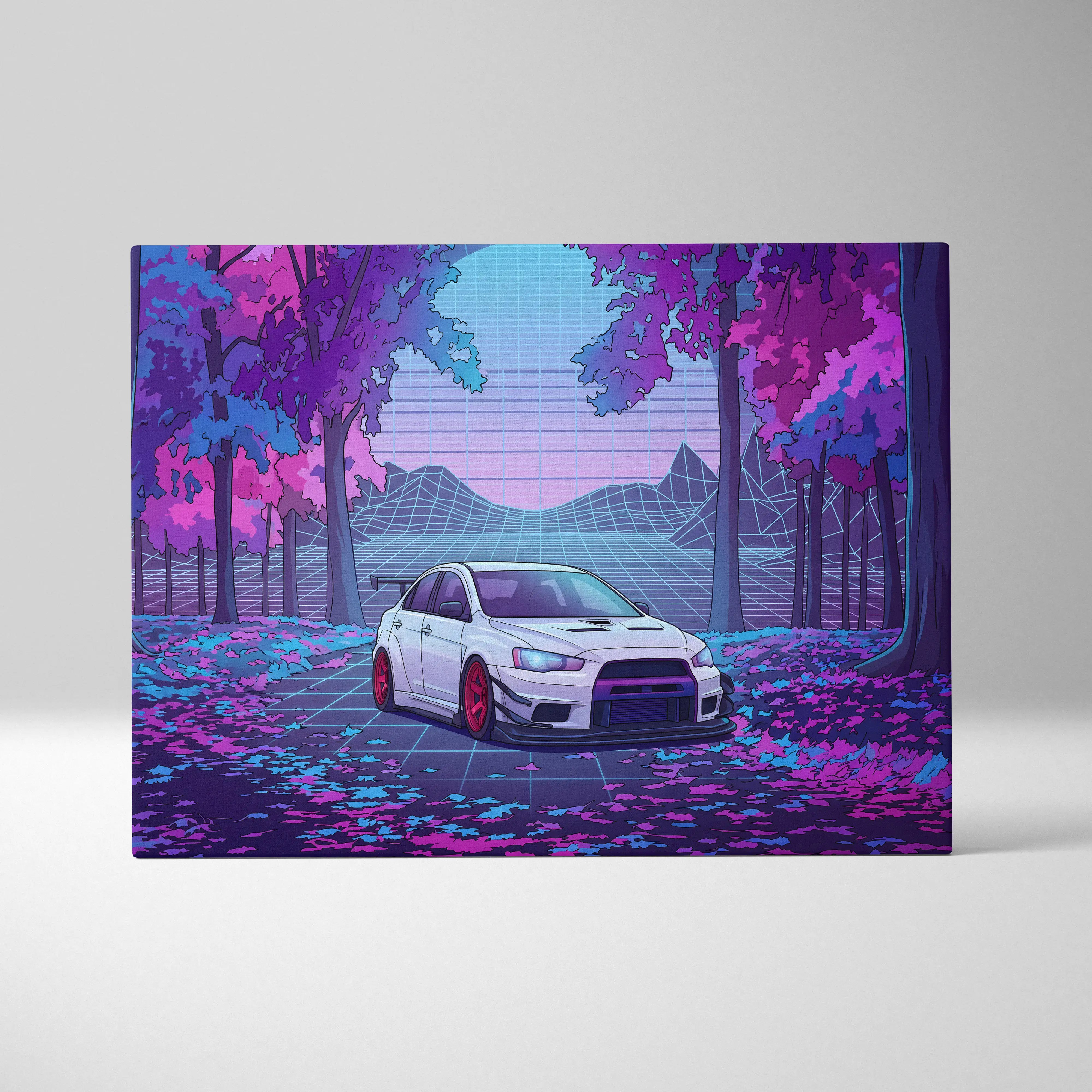 Mitsubishi Lancer Evolution X Inspired White Purple Canvas Wall Art, Vaporwave JDM Artwork, Neon Forest Garage Decor, Retro Futuristic Print