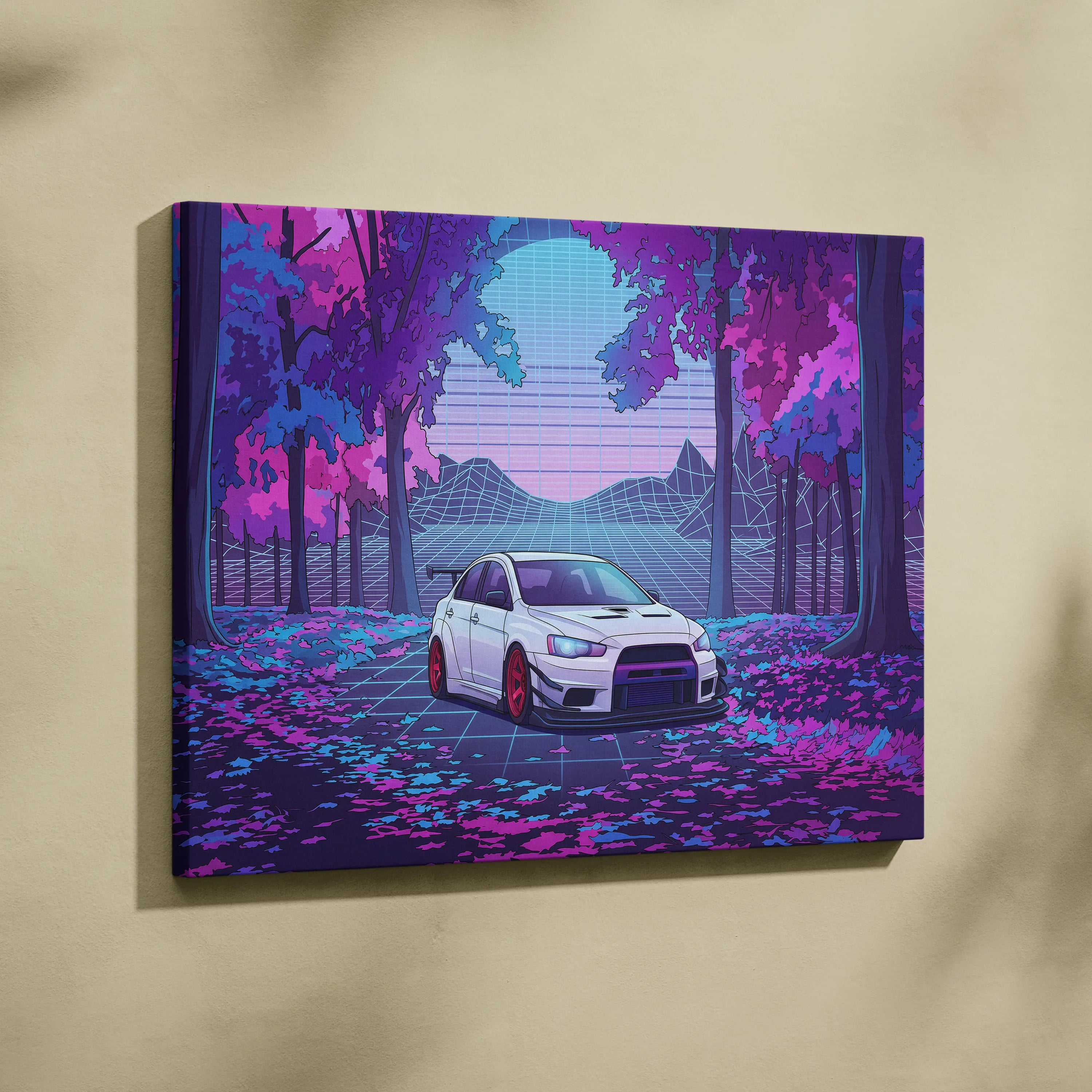 Mitsubishi Lancer Evolution X Inspired White Purple Canvas Wall Art, Vaporwave JDM Artwork, Neon Forest Garage Decor, Retro Futuristic Print