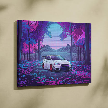 Mitsubishi Lancer Evolution X Inspired White Purple Canvas Wall Art, Vaporwave JDM Artwork, Neon Forest Garage Decor, Retro Futuristic Print